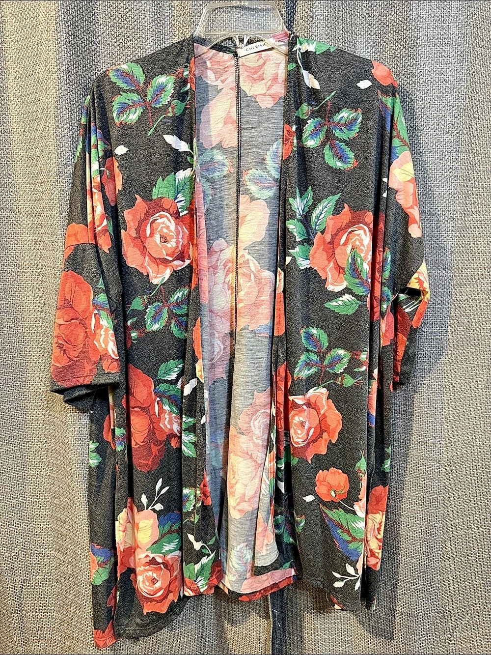 Cherish Floral Open-Front Tunic in Black & Red